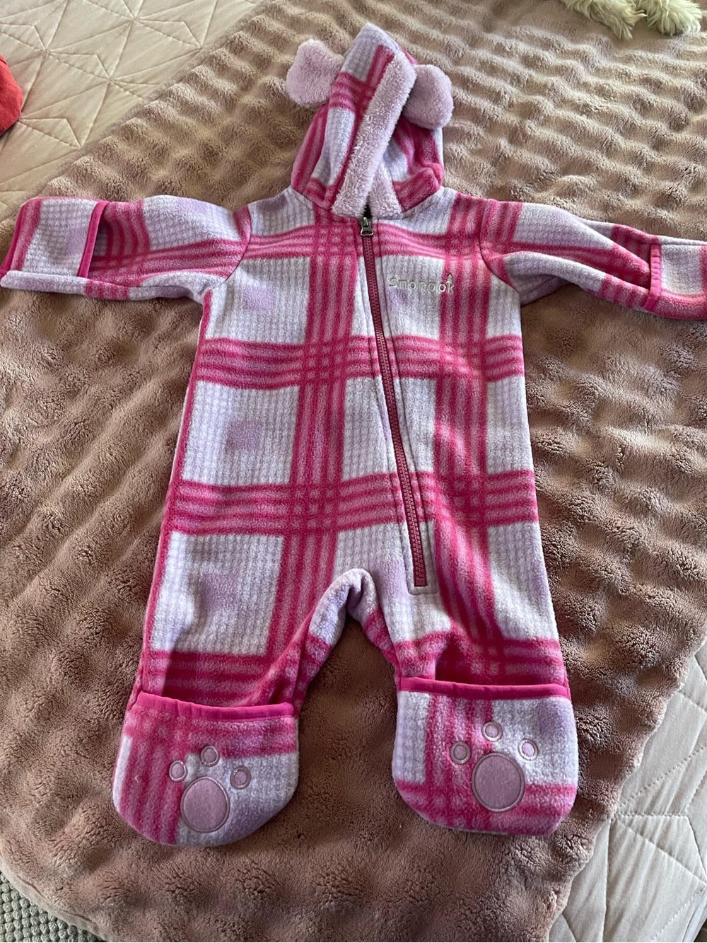 Snonook Pink Plaid Fleece Hooded Baby Footie 3-6mo NEW